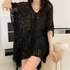 Cover Up Dress V-Neck Short Sleeve Hollow Out Breathable Loose Fit Summer Tops Beach Bikini Cover Up