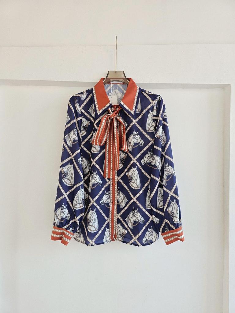 Xue Zhiqian Women's 2026 Silk Tie Shirt with Horse Head Print, Long Sleeve Lapel