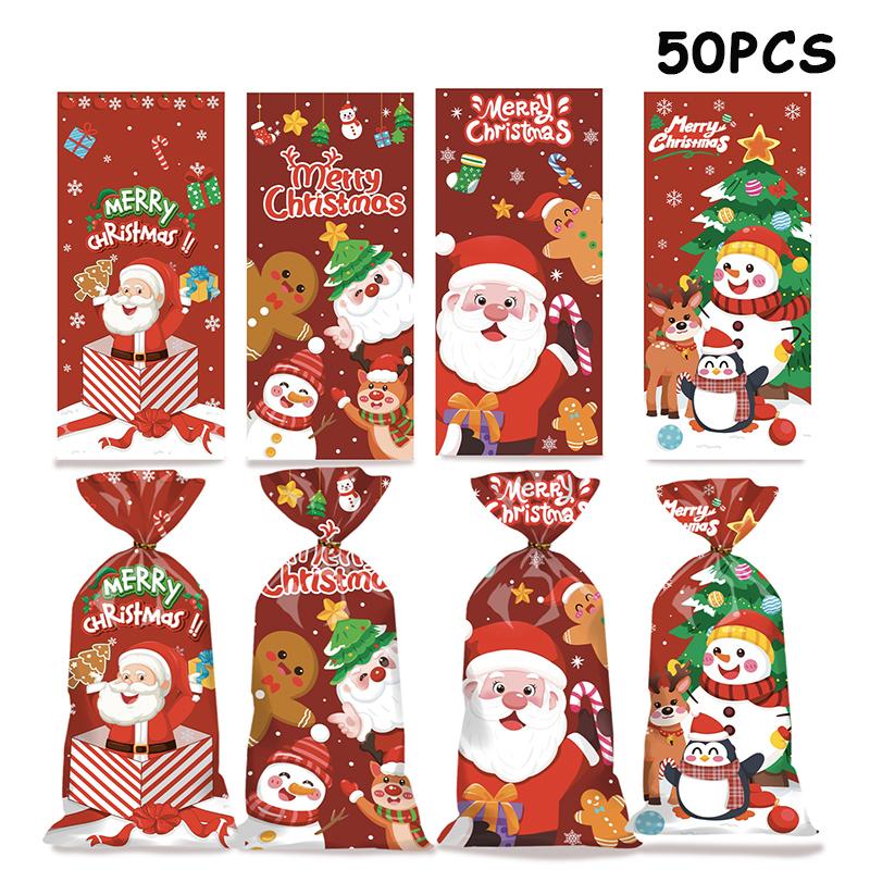 50 Pcs Merry Christmas Cellophane Bags With Twist Ties Xmas Clear Cello Candy Gift Bags New Year'S Eve Christmas Party Decoration