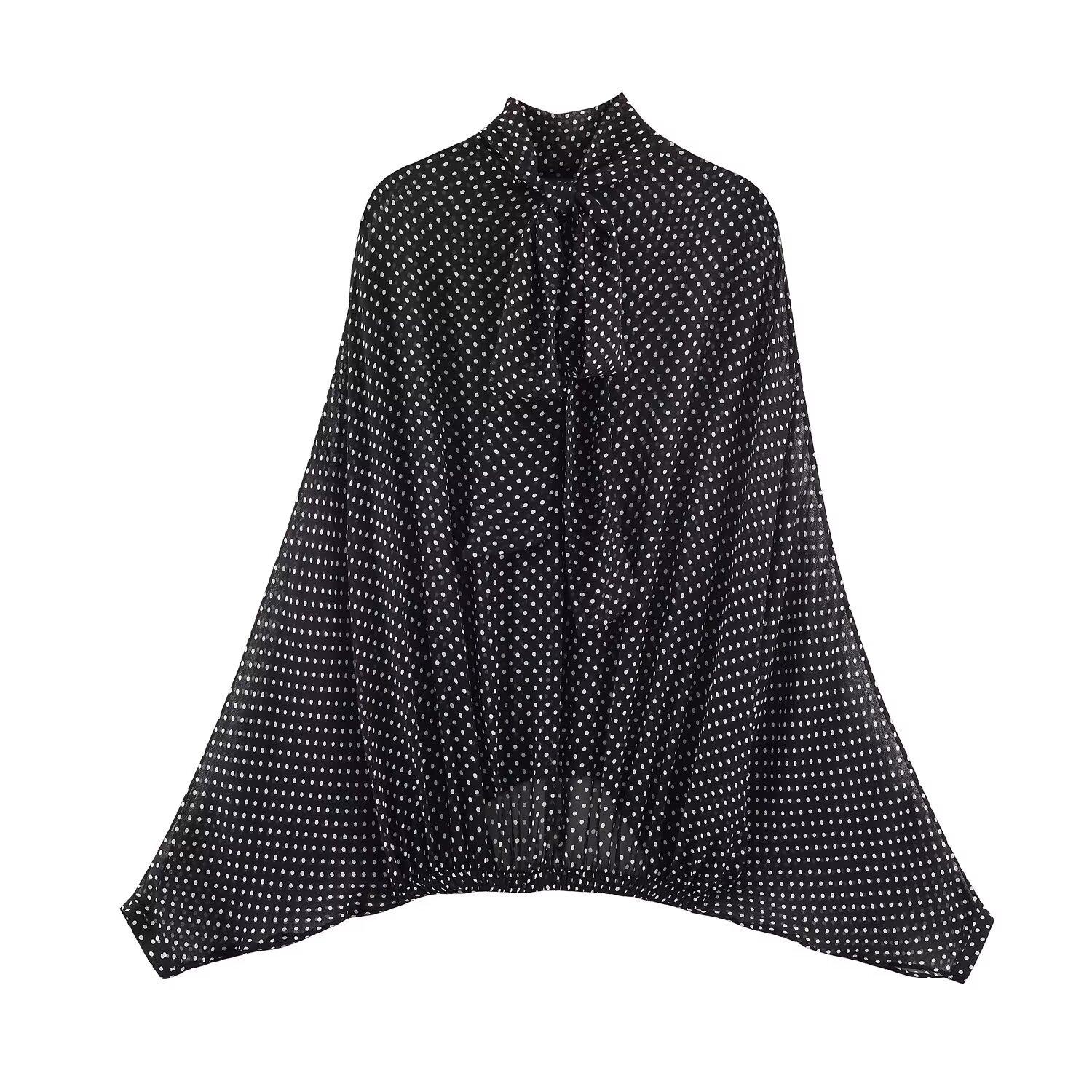 Cross-border women s clothing wholesale, European and American style fashion casual polka dot bow shirt + polka dot long skirt skirt set XS