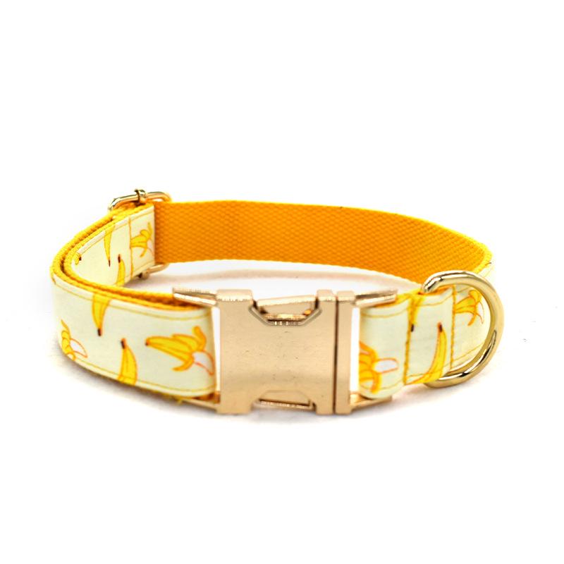 Yellow Banana Pet Collar and Leash Set with Engravable Golden Metal Buckle, 1.5m