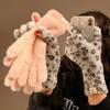 Cute Leopard Print Plush Finger Touch Screen Knitted Gloves Women's Versatile Thickened Outdoor Riding Autumn and Winter Warm and Cold