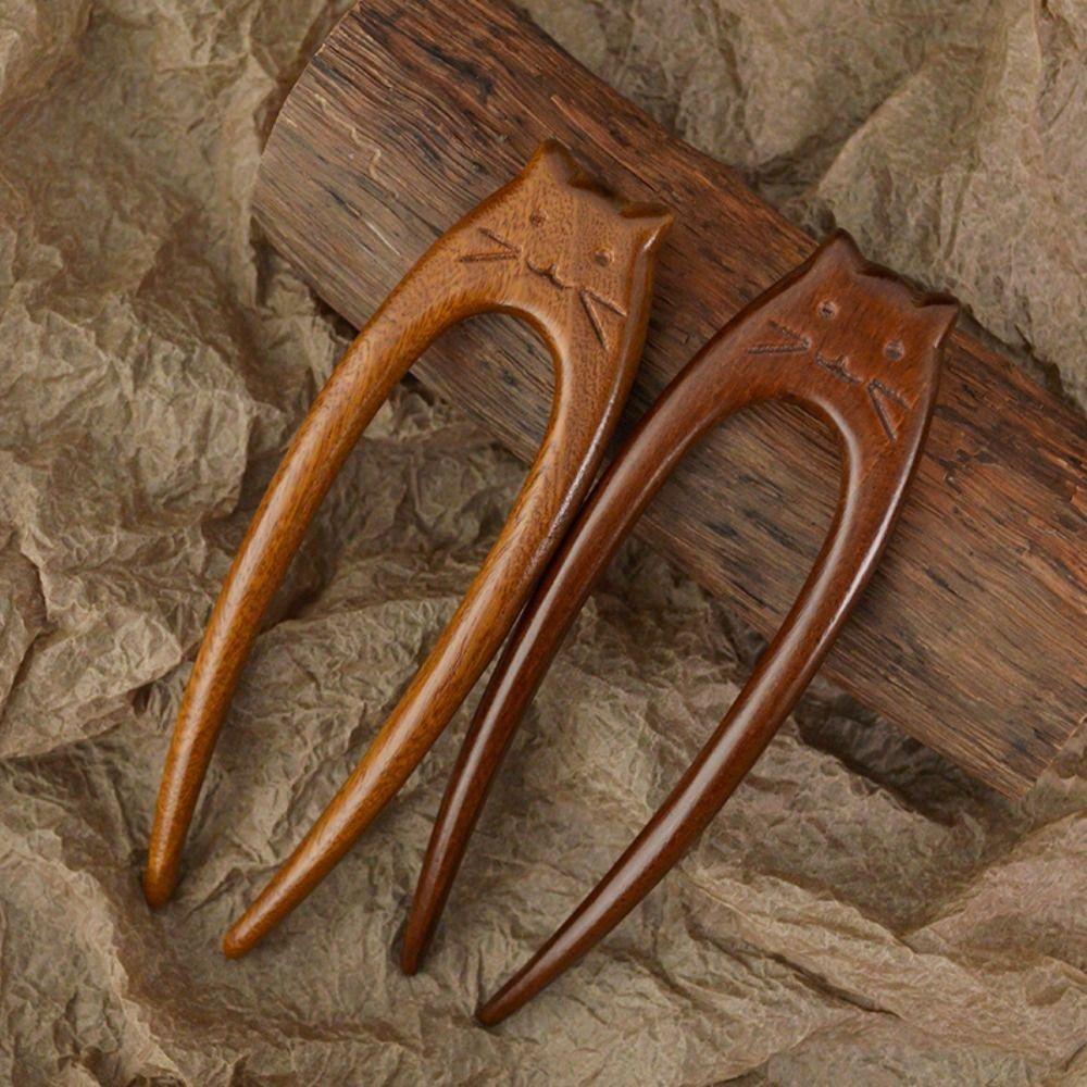 Wooden Cat Pattern Hair Sticks Chinese Style Hanfu Hairpin New U Shaped Hair Forks  Women Girls