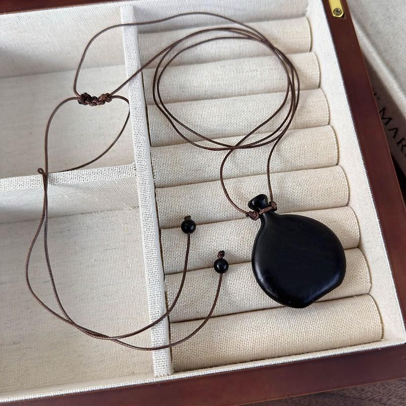 Wooden Gourd Pendant Necklace Adjustable Rope Chain Bohemian Style Long Women Minimalist Ethnic Jewelry