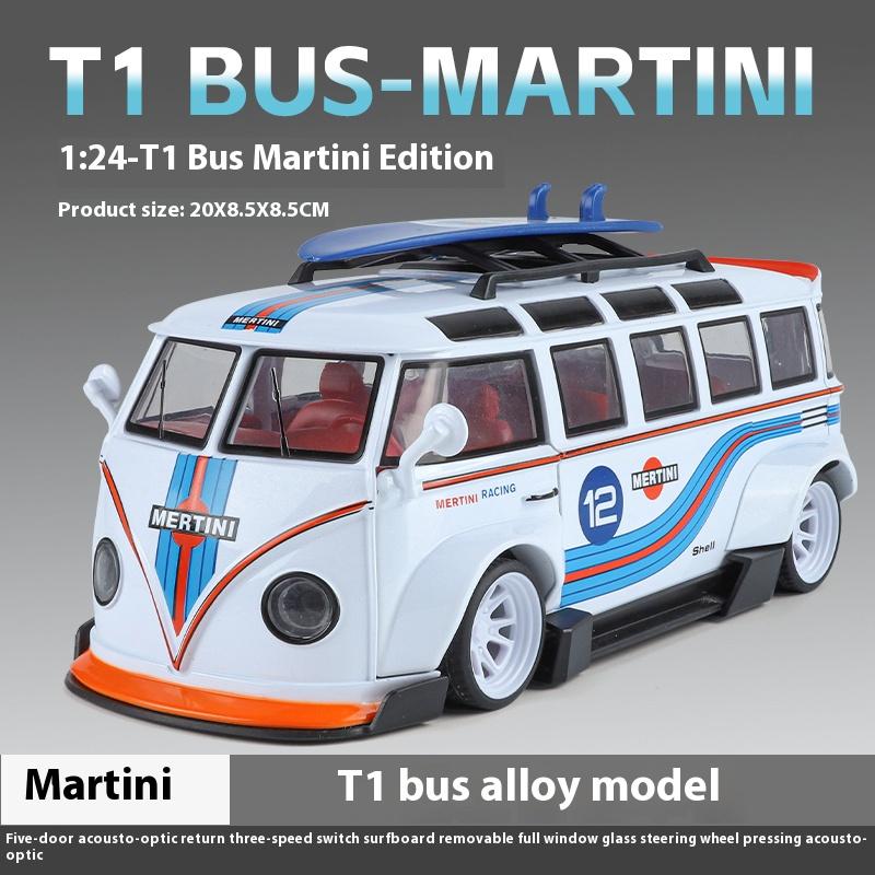 1/24 Volkswagen T1 Bus Gulf Oil Martini Low Ride Wide Body Modifiziert Legierung Metall Diecast Modellauto Sound & Licht Hobby Geschenke Junge