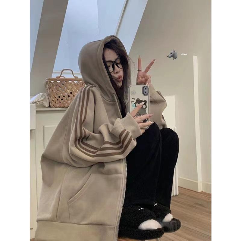 American Retro Fleece-Lined Hooded Cardigan - Plus Size, Long Sleeve Winter Sweatshirt for Women