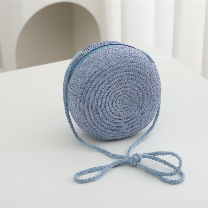 Summer Solid Color Straw Bag Shoulder Messenger Round Bag Children Versatile Outing Beach Bag Light Board DIY Round Weaving