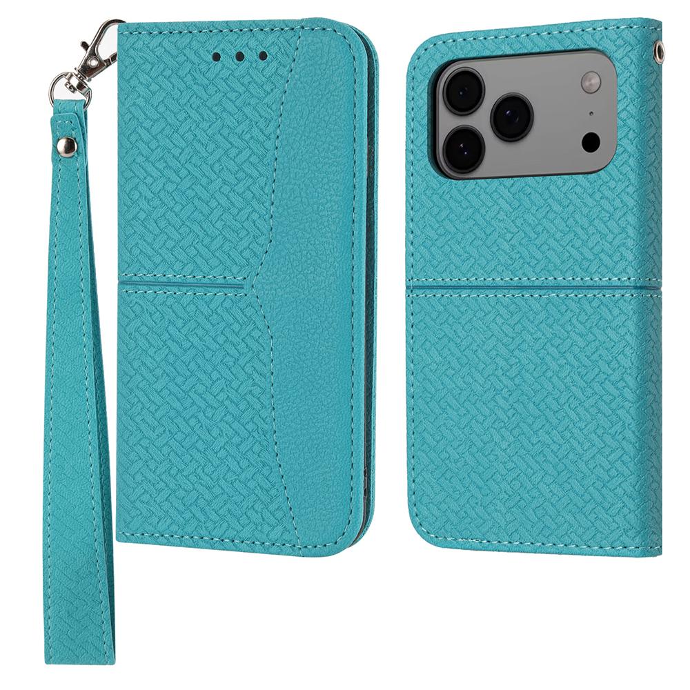 

For iPhone 17 Pro Max Case Woven Texture PU Leather Wallet Phone Cover with Wrist Strap Blue