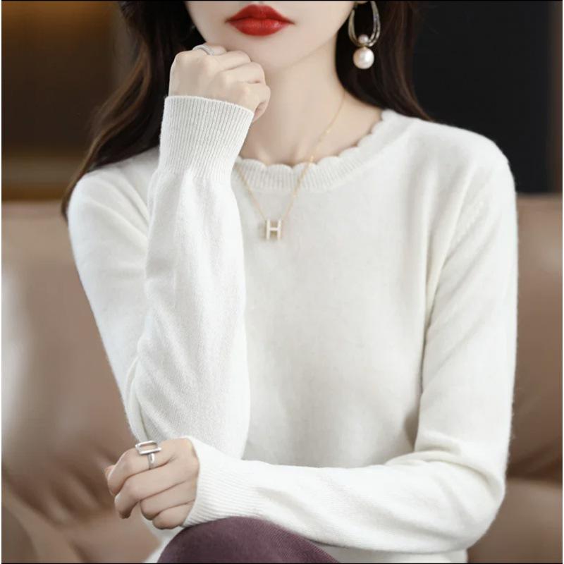 Soft & Cozy Women's Lace Round Neck Knit Sweater - Trendy Spring/Autumn 2025, Long Sleeve, Loose Fit