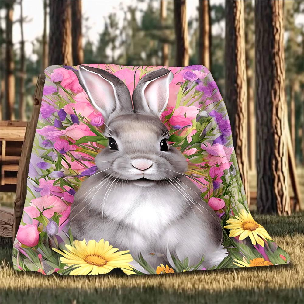 1pc Bunny Flowers Outdoor Blanket - Soft Flannel Cozy for Travel & Camping - All-Season Warm Bed Cover, Machine Washable yy251229080