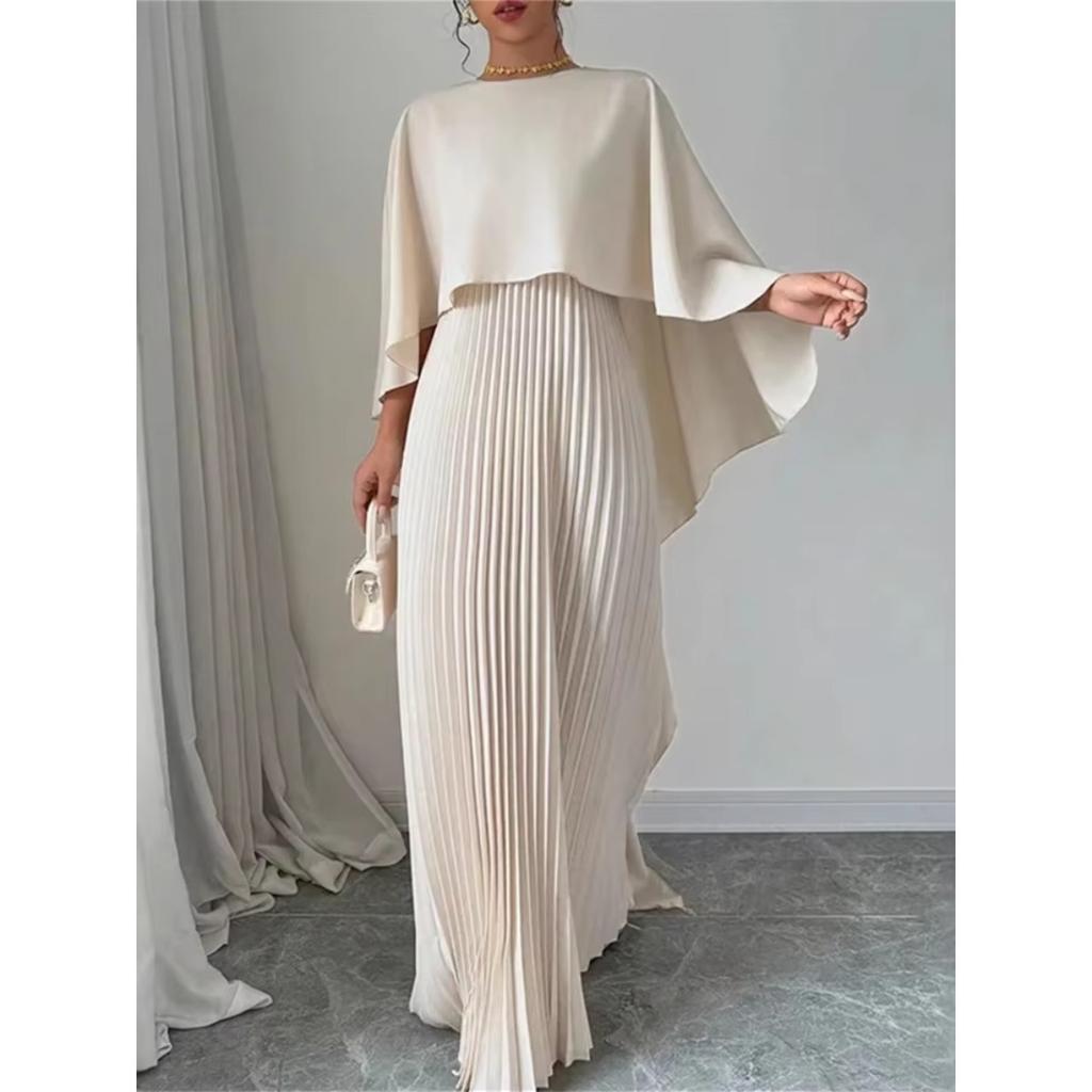 Spring Summer Elegant Crew Neck Pleated Dresses Women Casual Solid Loose Long Dress Cloak Sleeves Ruffle Maxi Dress Vestidos