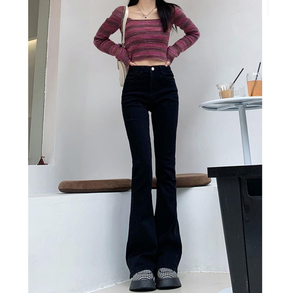 Flared pants, high-waisted jeans, women's spring and autumn new slightly stretched and thin floor-mopping horseshoe pants