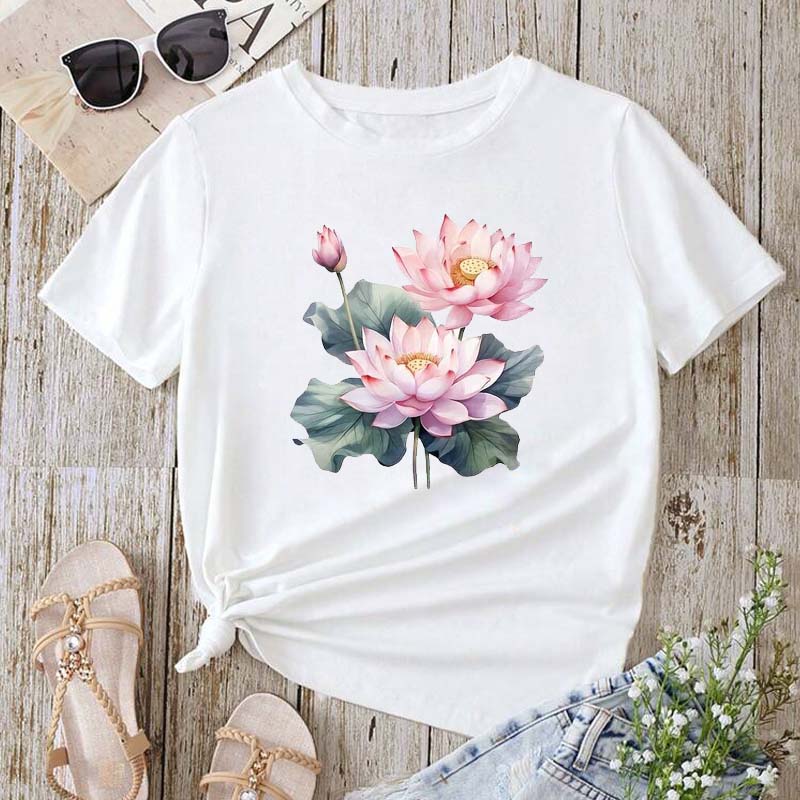 Trendy Lotus Flower Print Women T-shirt Streetwear Short Sleeves Tee Tops Summer Cute Woman Clothes Tops