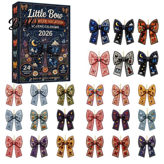24 Day Countdown Calendar 24Pcs Christmas Advent with Retro 2D Flat Acrylic Bow Ornaments, Decorative Romantic Home Decor Accents Holiday Set for Tree