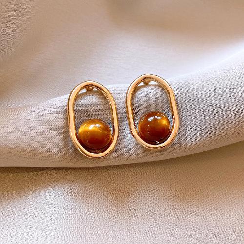 Silver Needle Resin Tiger's Eye Stone Round Leopard Pattern Earrings Retro Maillard Earrings Niche High-end Earrings