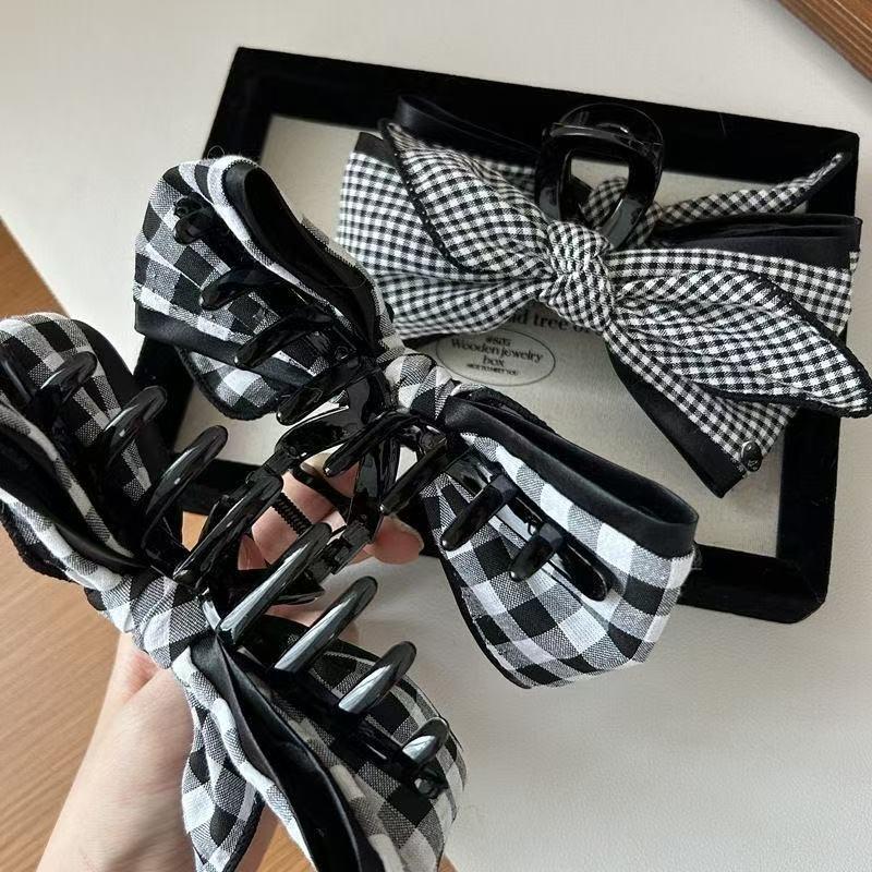 2025 High-End Bow Plaid Shark Claw Clip for Women - Elegant Large Hair Accessory
