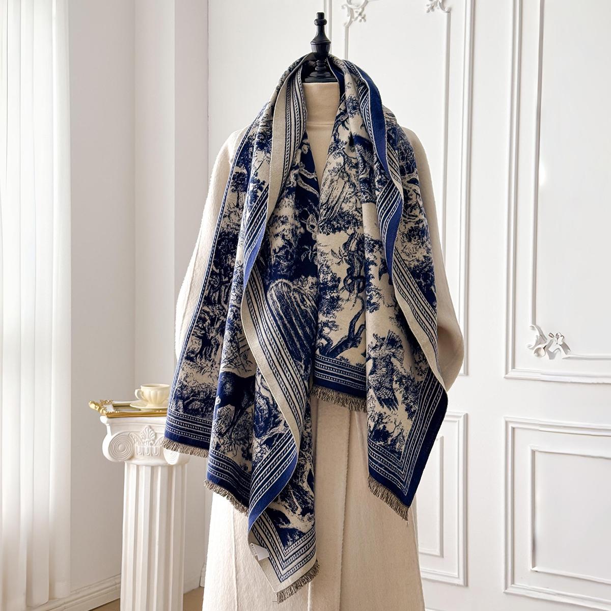 

Elegant Animal Jacquard Pashmina Shawl for Women Winter Thick Warm Scarves Double Sided Design Coldproof Windproof Blanket Scarf темно-синього кольору