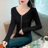 2025 Spring/Fall Fashion Women's Zipper Collar Pleated Long Sleeve Slim Fit Top