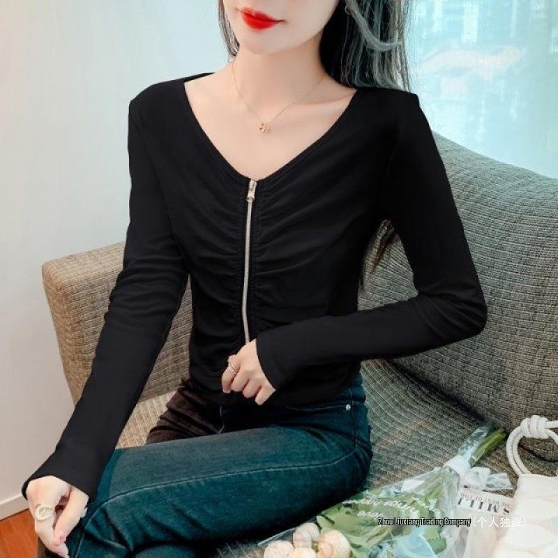 2025 Spring/Fall Fashion Women's Zipper Collar Pleated Long Sleeve Slim Fit Top