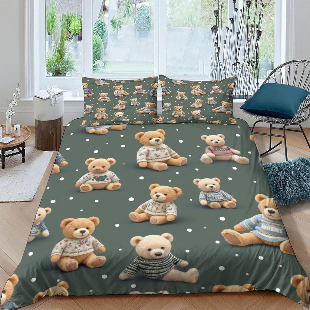 Teddy Bear Cute 3D Printing Duvet Cover Set, Microfibre Children's Room Decor Duvet Insert Cover and Pillowcases Home Decor