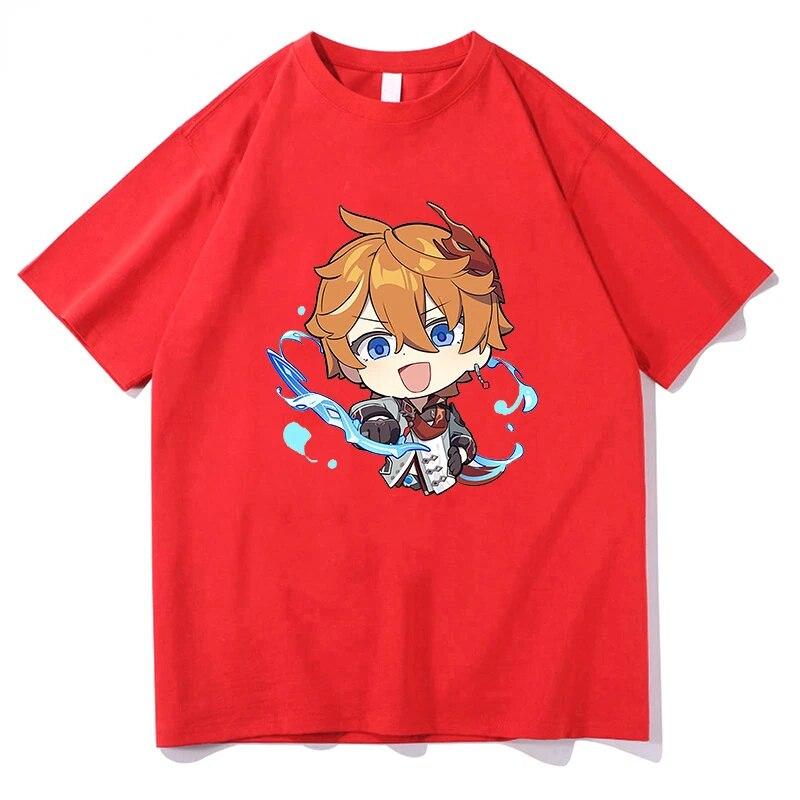 Summer Cozy Soft Casual Tops Tartaglia T-shirt Genshin Impact - Chibi Childe Couple 100%Cotton Cute Cartoon Print Women Shirt