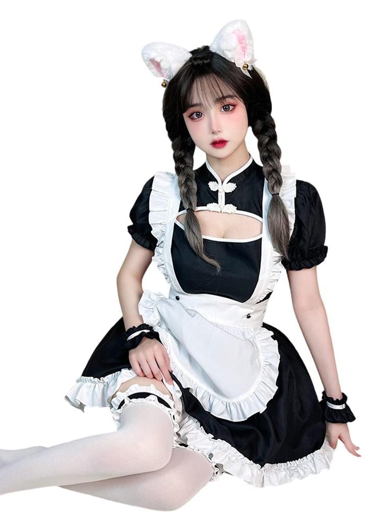 YUEEI Maid Outfit with Open Neckline and Cat Sexy Halloween Lolita Short Chinese Open Coffee Shop Includes Socks Ears, Cosplay, Costume, Dress,