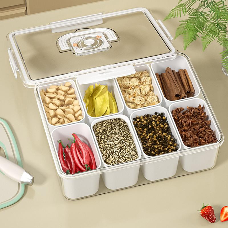 Caixa de armazenamento para geladeira 2/4/8 grades vegetais frutas aperitivos com tampa seccional nozes doces lanche bandeja de servir organizador de geladeira
