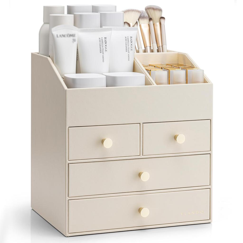 Vlando Make-up Große Kosmetische Vier für Hautpflege Make-up Kosmetik Geburtstagsgeschenk für Frauen Box, Kapazität, Aufbewahrung, Schubladen, Produkte, Lippenstifte, Pinsel,