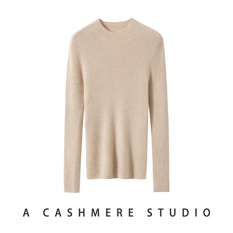 Women's Slimming Pure Cashmere Ribbed Pullover Sweater - Solid Color, Half-High Neck Knitwear