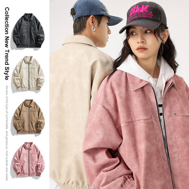 Men's Spring and Autumn New Brown Lapel Leather Jacket Men's Couple American Retro Leather Jacket