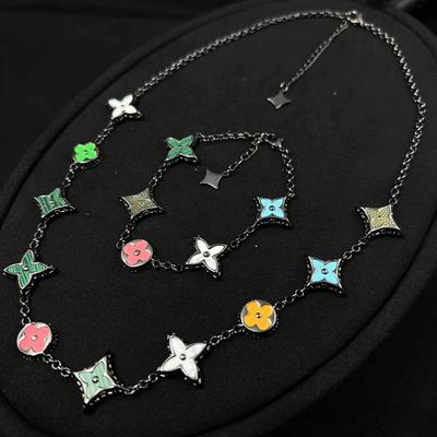 Vierblättriges Kleeblatt Mode Lesebrillen Kette Perlmutt und Achat Armband Dunkler Stil Partner Schmuckset