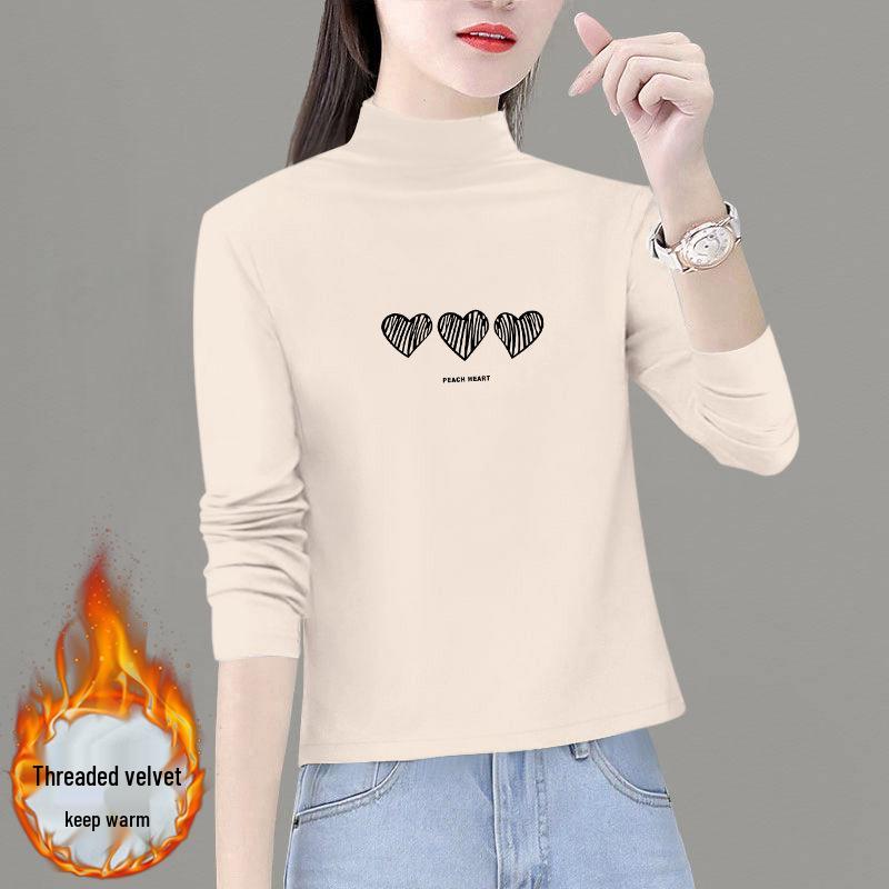 Women's Plus Size Warm Fleece-Lined Long Sleeve Top with German Velvet Semi-High Neck