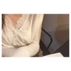 Spring lace spliced V-neck knitted top for women, single-breasted sweater base layer