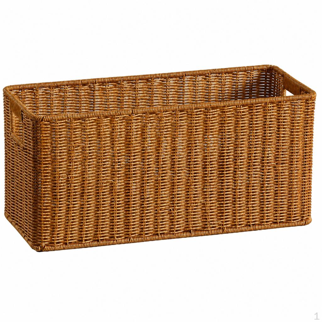 Woven Storage Baskets, Rectangular Wicker Basket with CutOut Handles, Tan Synthetic Rattan for