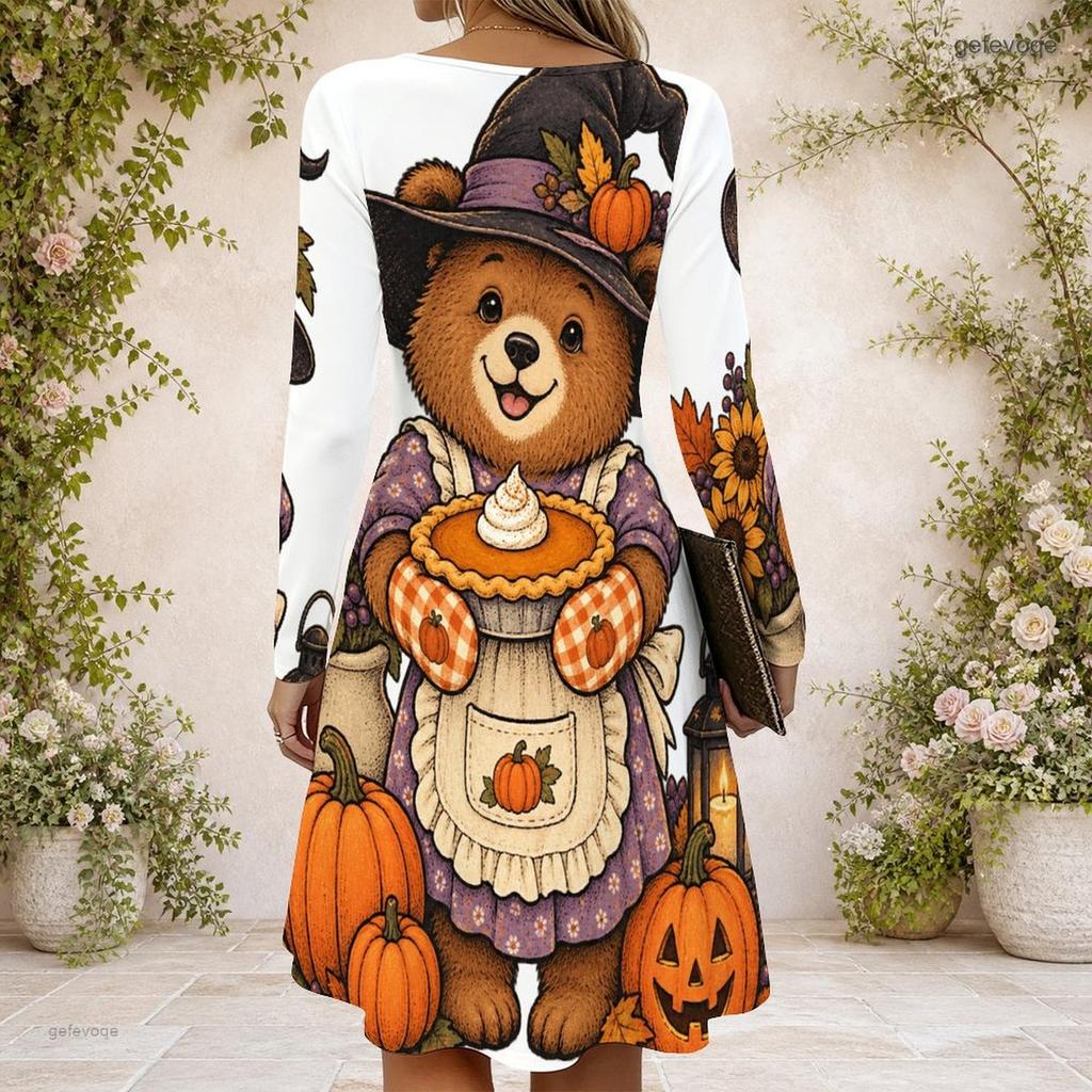 Women Criss Cross V Neck Long Sleeve Fitted Curved Hem Cartoon Bear Pumpkin Printed Dress