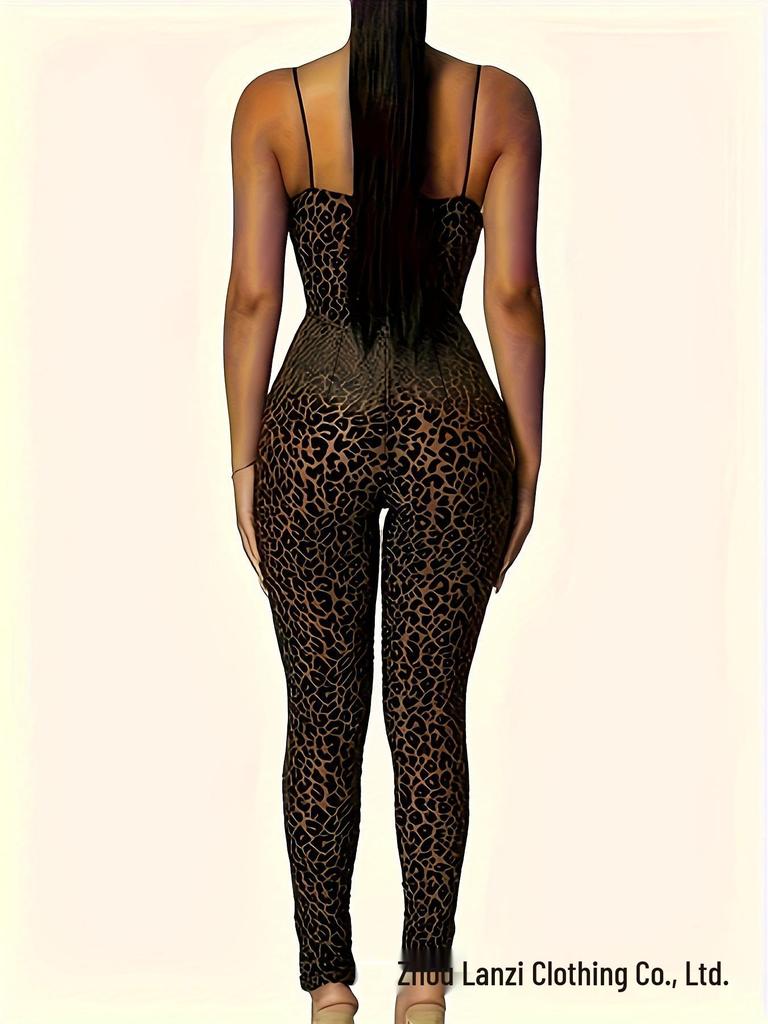 Dámský overal s leopardím potiskem, výstřihem a ramínky, velikost Plus Size - Evropský a Americký styl Dámská móda.