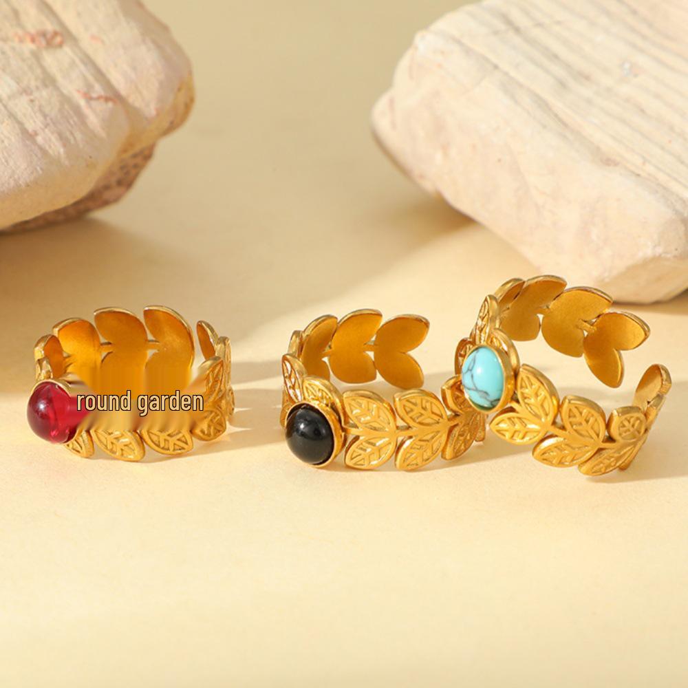 Bohemian Style Adjustable Turquoise Leaf Ring - Stainless Titanium Steel, Non-Fading