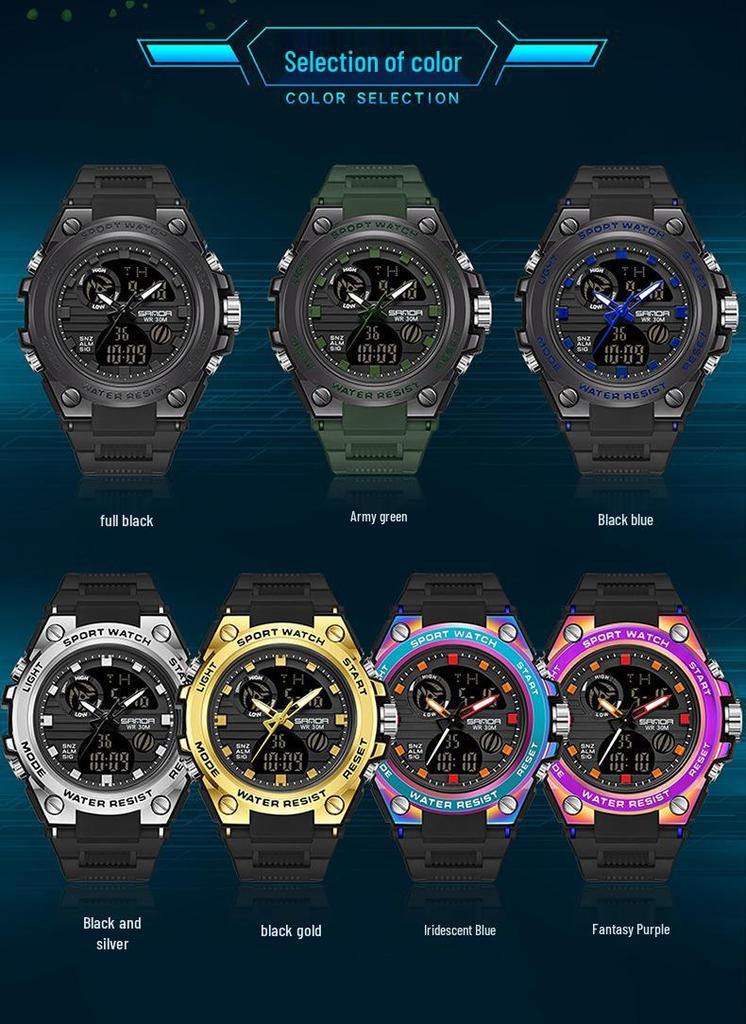 Sanda Teen's Waterproof Dual Display Sports Watch with Luminous Alarm