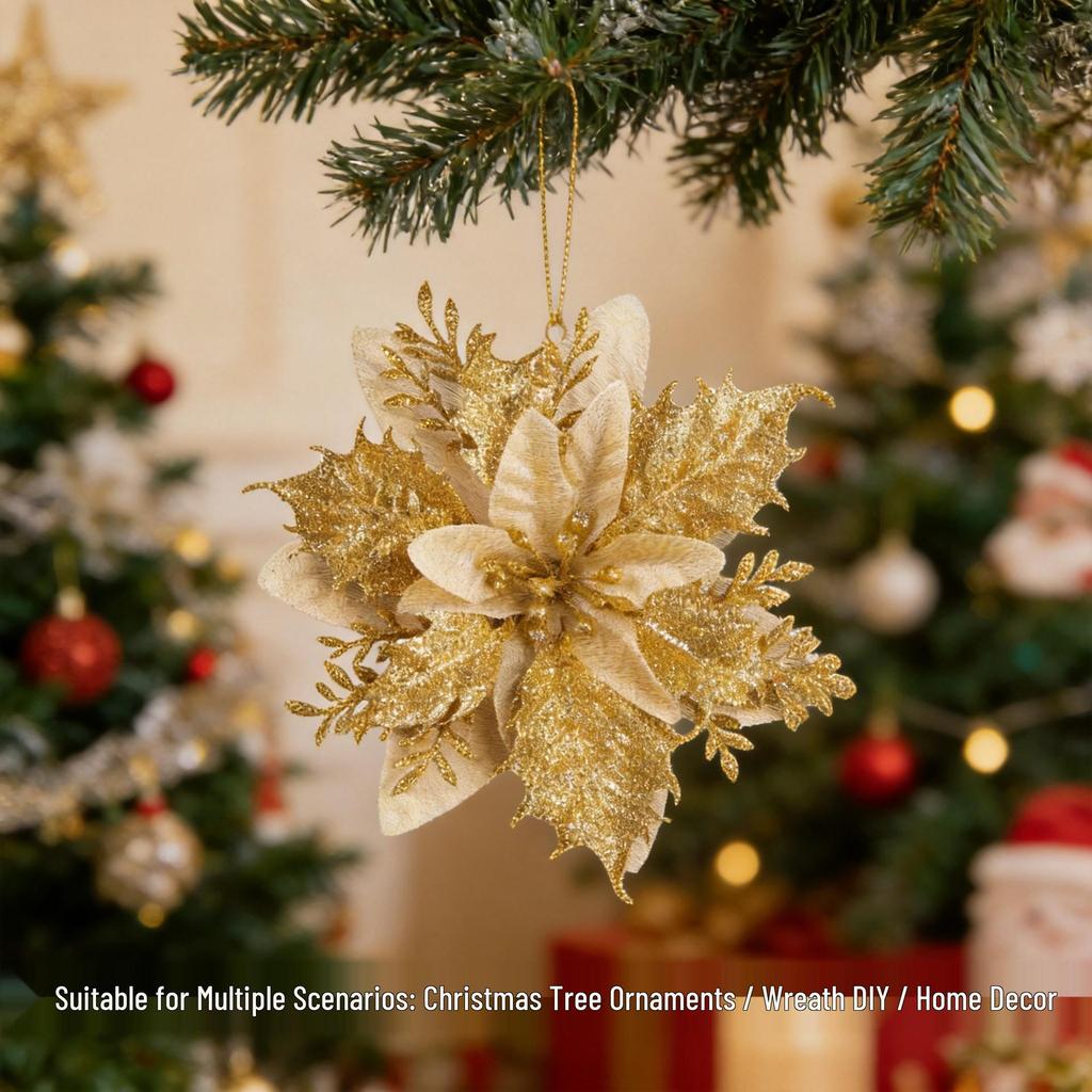 Gold Sparkle Christmas Floral Ornament Set: Three-Layer Simulation Flowers for Tree, Wreaths & Holiday Gifts