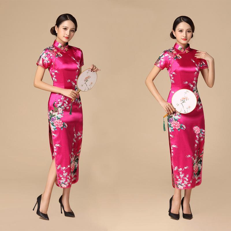 

2020 Women s Retro Printed Short Sleeve Long Cheongsam Dress, Plus Size, for Stage Performance and Fashion Etiquette 2XL