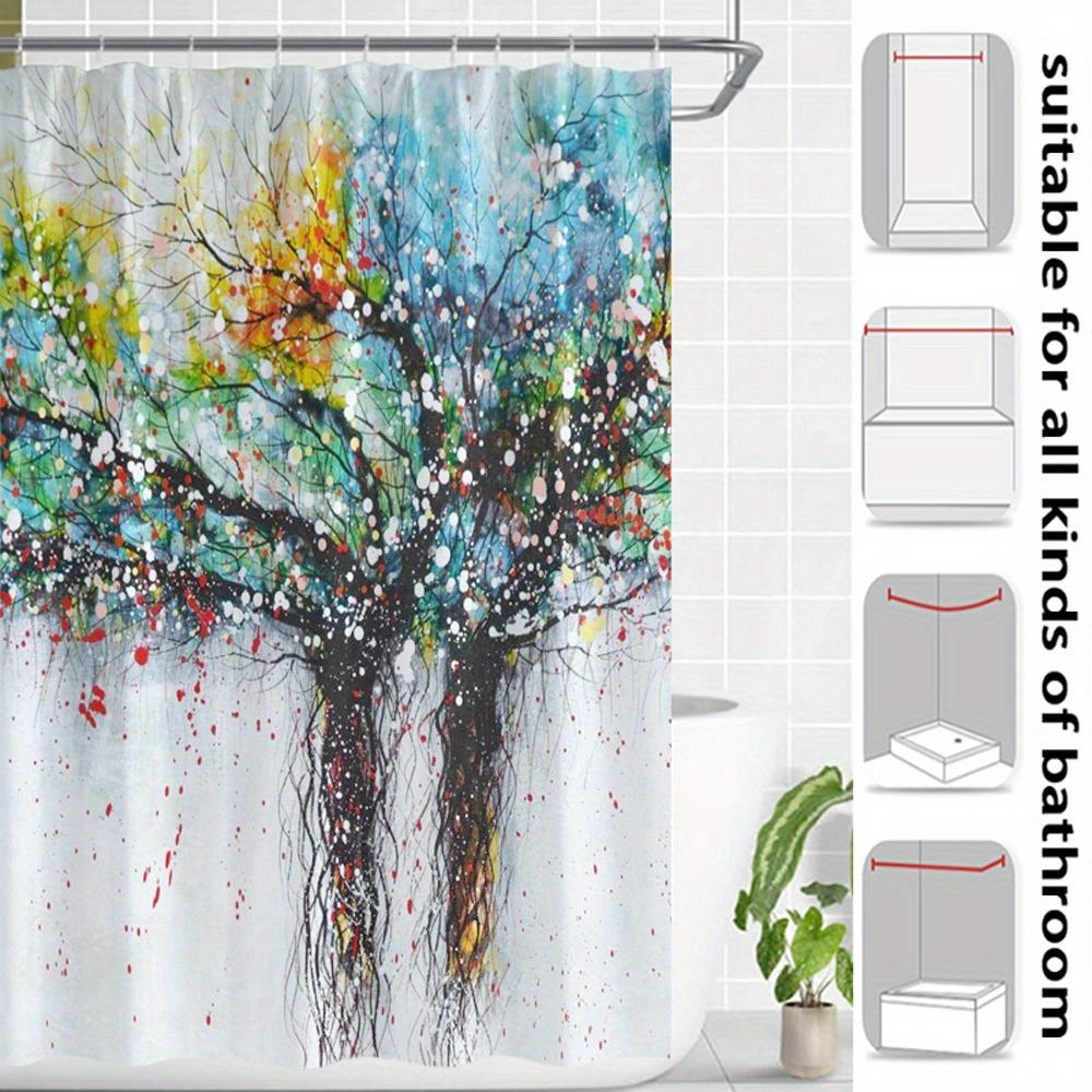 Abstract Leafless Trees Shower Curtain - Vibrant Brushstroke, Dynamic Sky Backdrop, 12 Hooks, Machine Washable Polyester