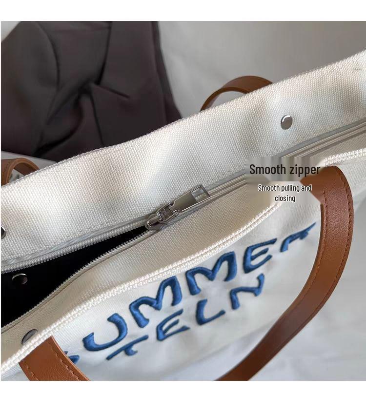 Women's Large Embroidered Canvas Tote Bag - Versatile Shoulder Bag for Commute or Class