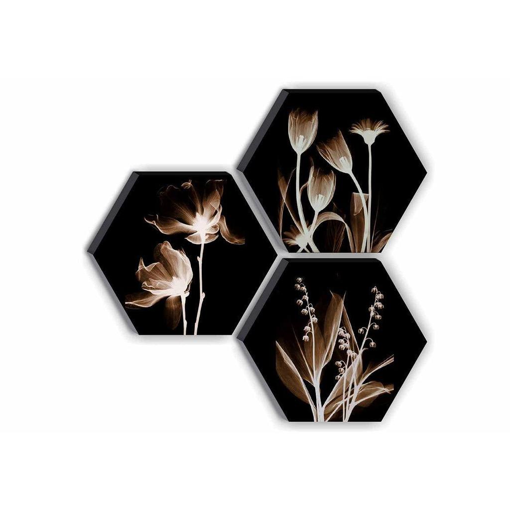 Set of 3 Hexagon Preety White Flower UV Textured MDF Home Decorative Gift Item Painting 17 Inch X 17 Inch