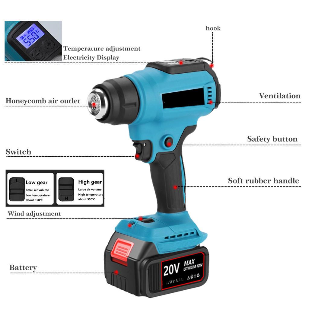 30-550℃ Temperature Adjustable Cordless Portable Hot Air Gun LED Temperature Display Electric Heat Gun Household Power Tool