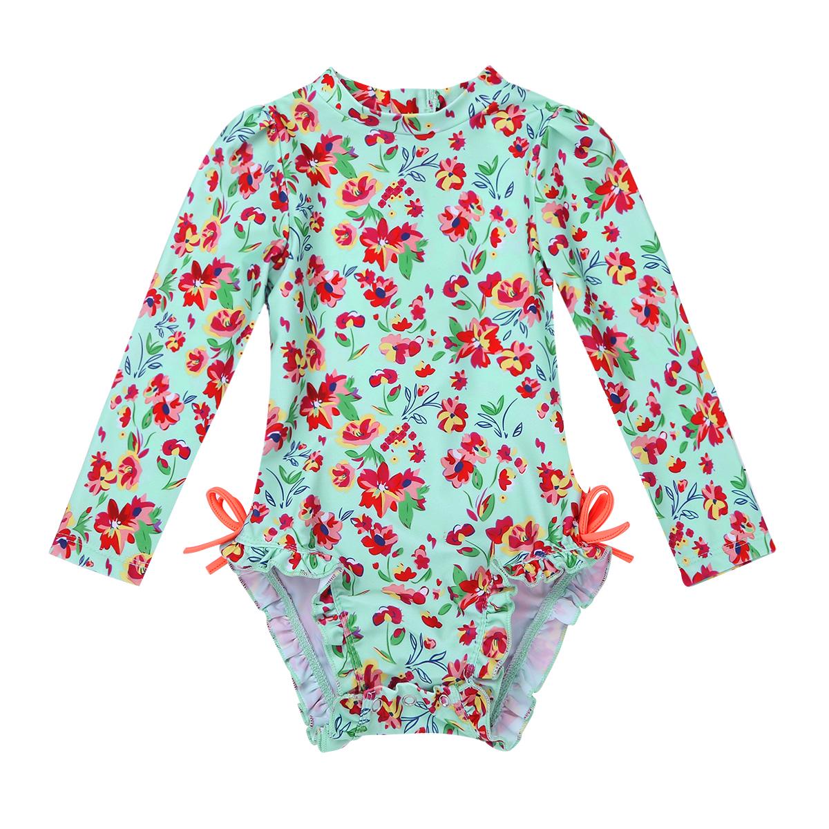 IEFiEL Babymeisjes met lange mouwen, ééndelig bloemenuitslagbeschermingsbadpak, vest, shirt, tops, UV-beschermend zwemkleding, zwemkleding 0-3 Months