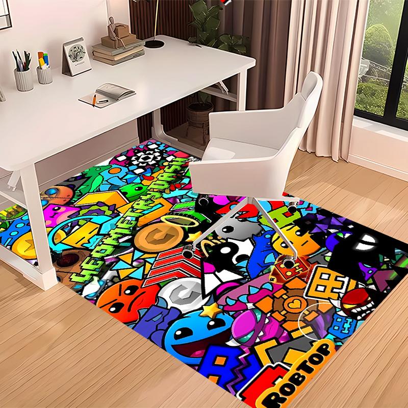 1pc Geometry Dash5 Print Area Rug - Soft, Washable Non-Slip Indoor Mat for Office Chairs, Living Room, Home Office Decorative Rug