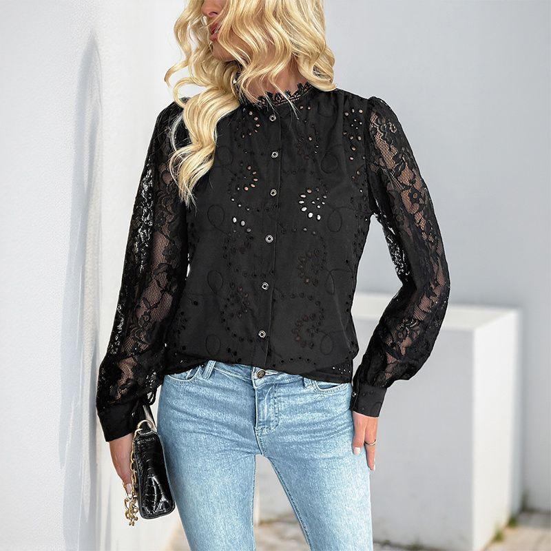 

Autumn Women Blouse Casual Lace Ladies Tops Autumn Lace Fashion Shirts Black XL