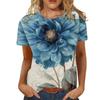 Women's summer round neck temperament breathable short-sleeved blue floral pattern top loose casual wear