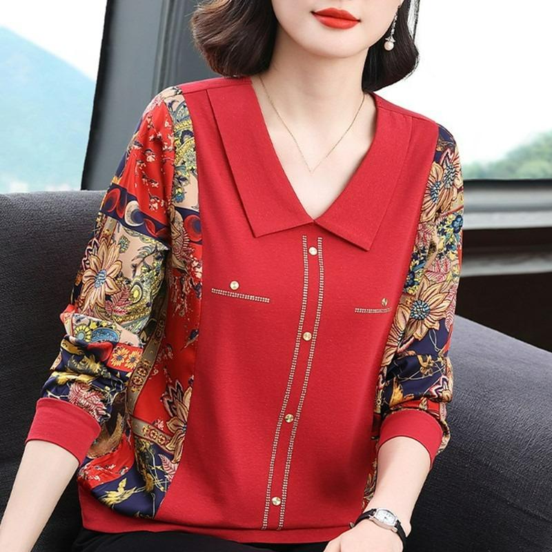 Middle-aged and Elderly Mothers Loose Long-sleeved T-shirt Women's Western Style Chiffon Stitching Blouse Autumn Thin Small Shirt