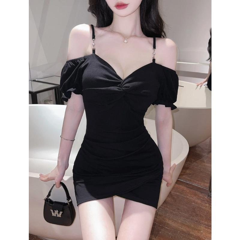 

Summer New Sexy Spice Girls Skinny Hip Wrap Short Sleeve Dress Solid Color Versatile Folds Slim and Skinny Women L чорний